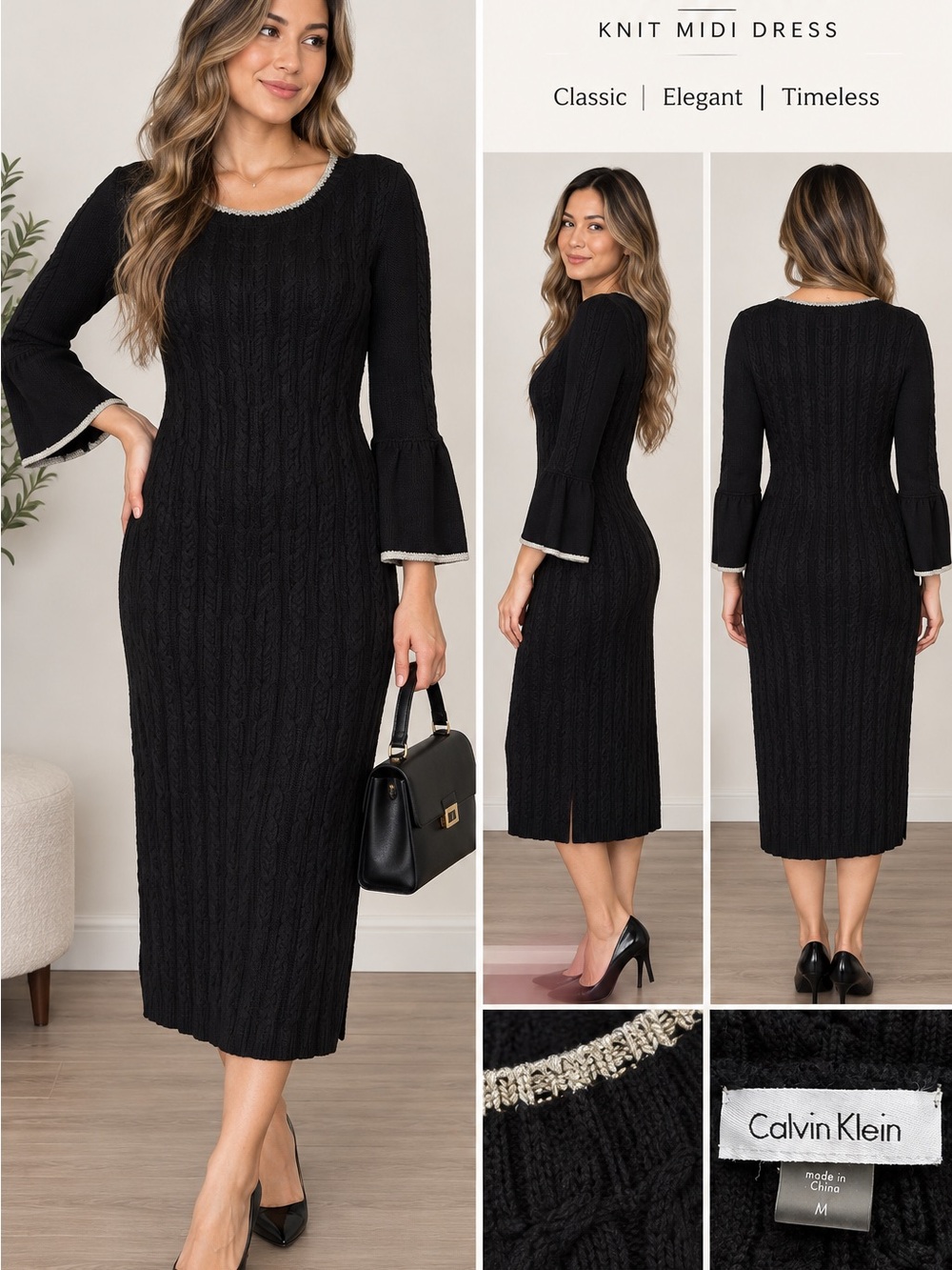 Calvin Klein Women’s Black Cable-Knit Midi Dress with Ivory Trim Size M